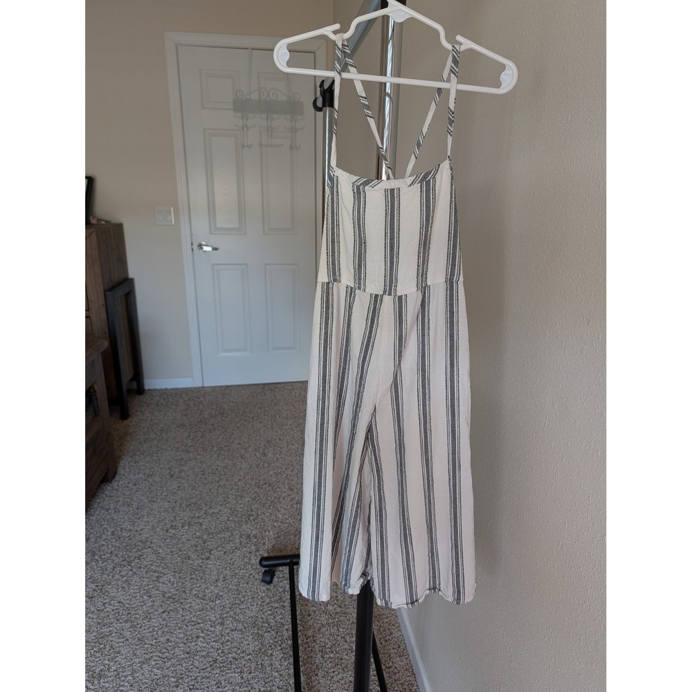 O'Neill Girls Striped Wide Leg Jumpsuit White Grey Tie Back XXS Sleeveless